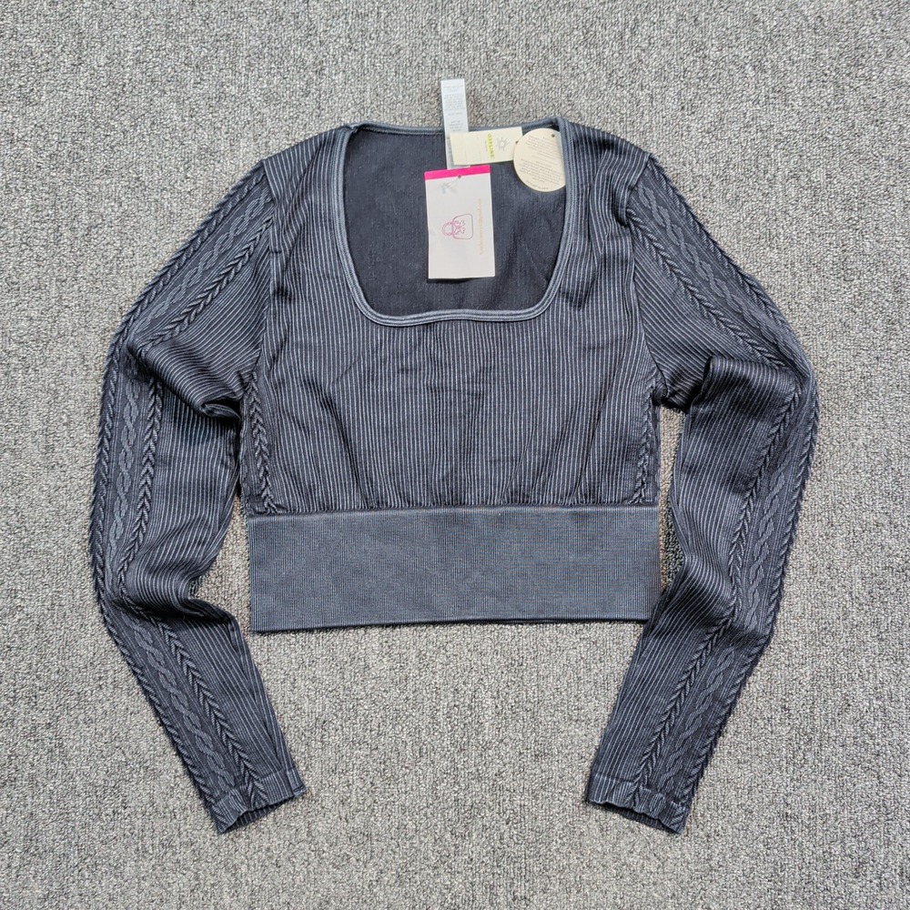 OFFLINE by Aerie Y2K Cable Knit Seamless Crop Top M Black Square Neck Athleisure